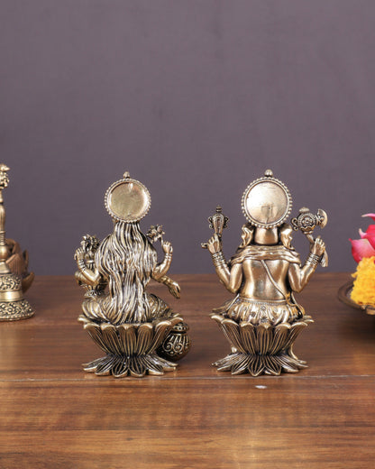 Brass Ganesha and Lakshmi Idol Pair Seated on Lotus 4"