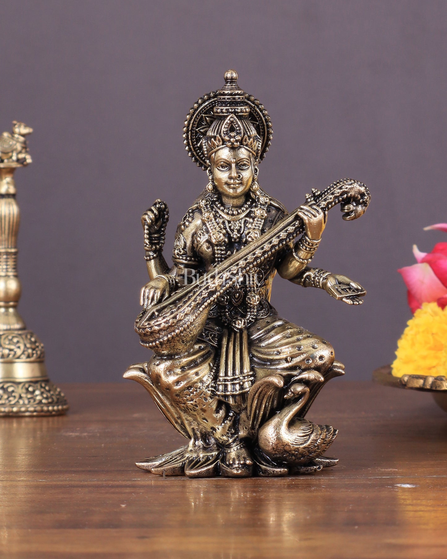 Brass Saraswati Idol Seated on Lotus 4 inch