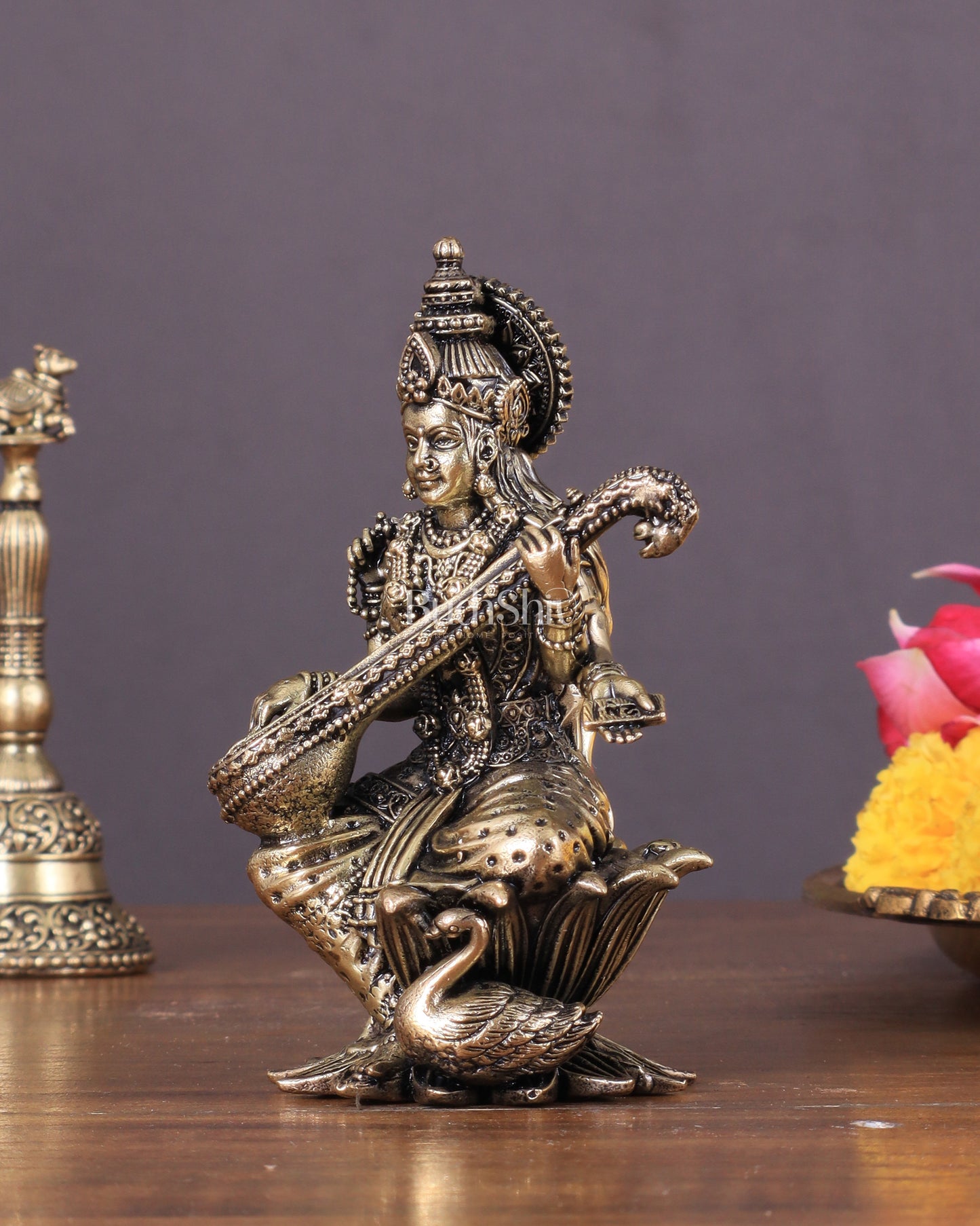 Brass Saraswati Idol Seated on Lotus 4 inch