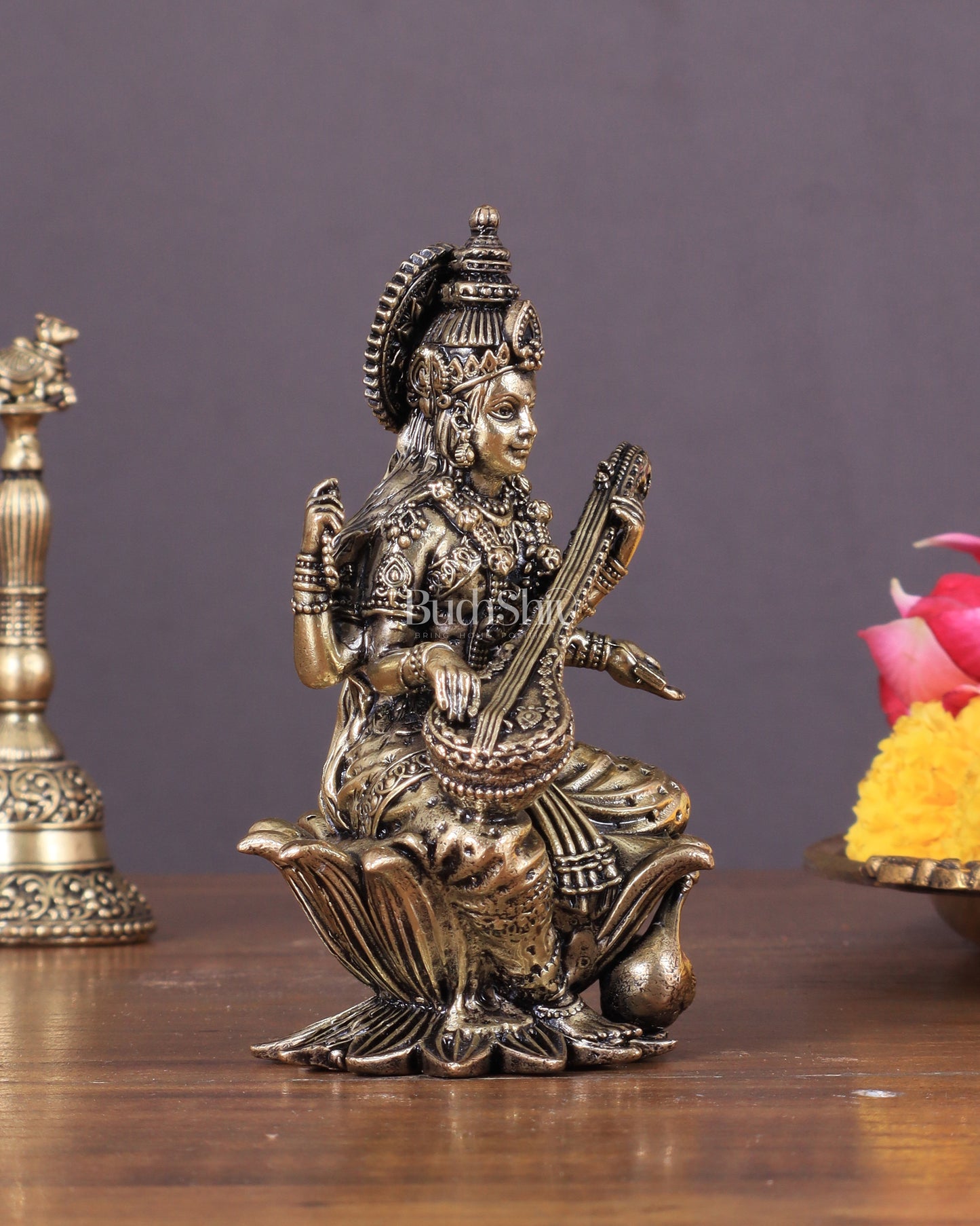 Brass Saraswati Idol Seated on Lotus 4 inch