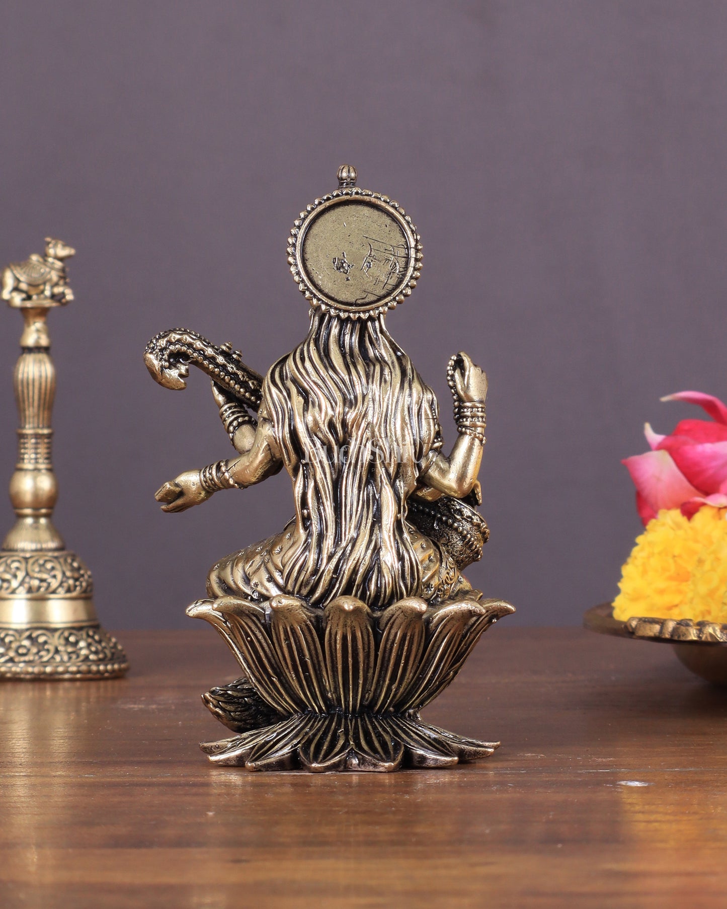 Brass Saraswati Idol Seated on Lotus 4 inch