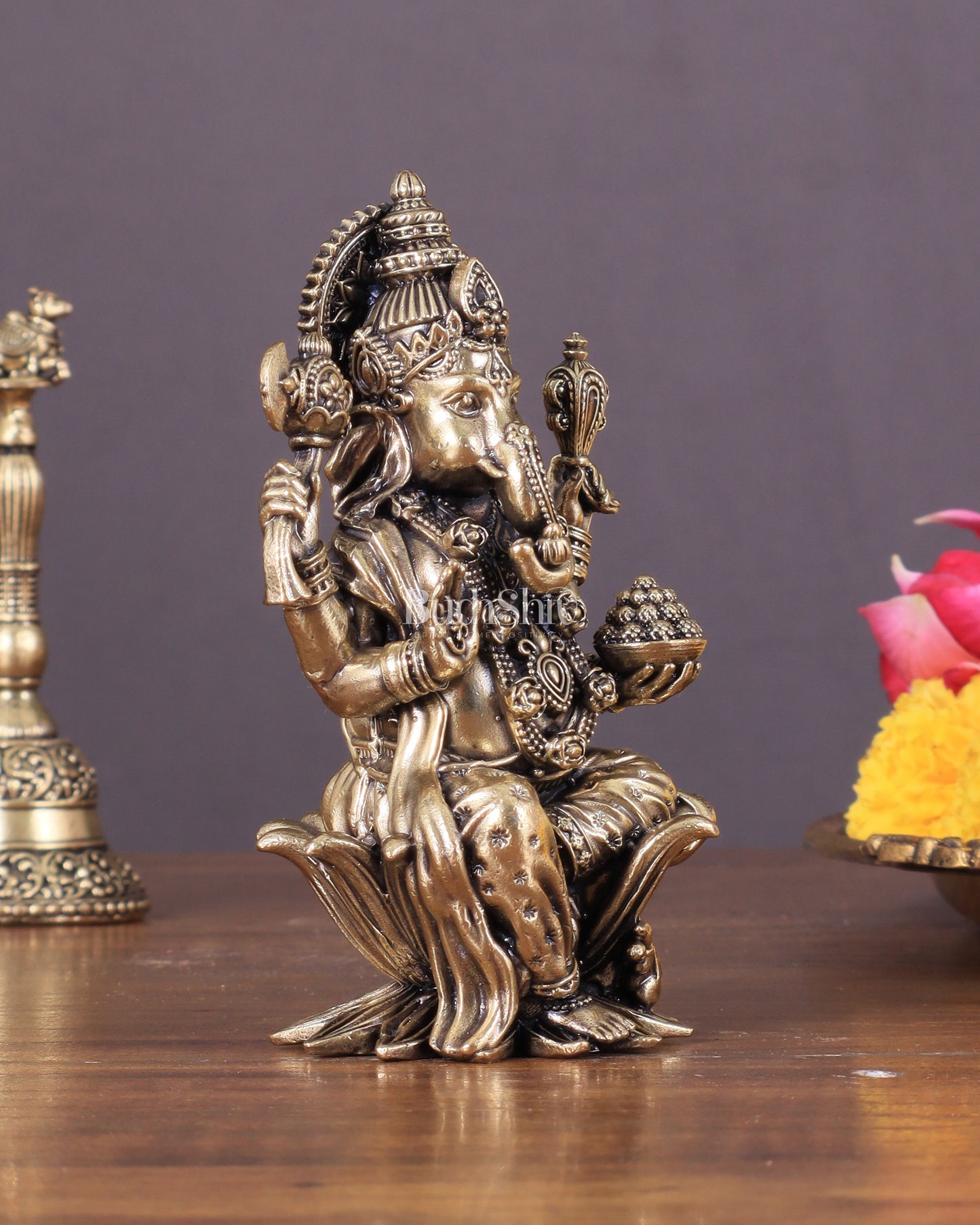 Brass Ganesha Idol Seated on Lotus 4 inch right side trunk