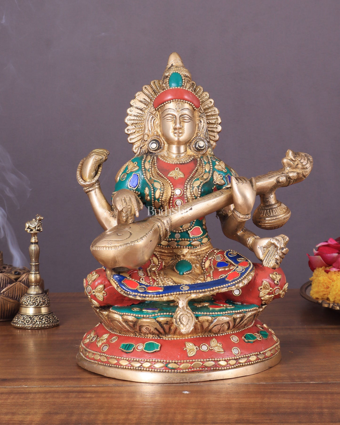 Brass Saraswati Statue With unique stonework 9"