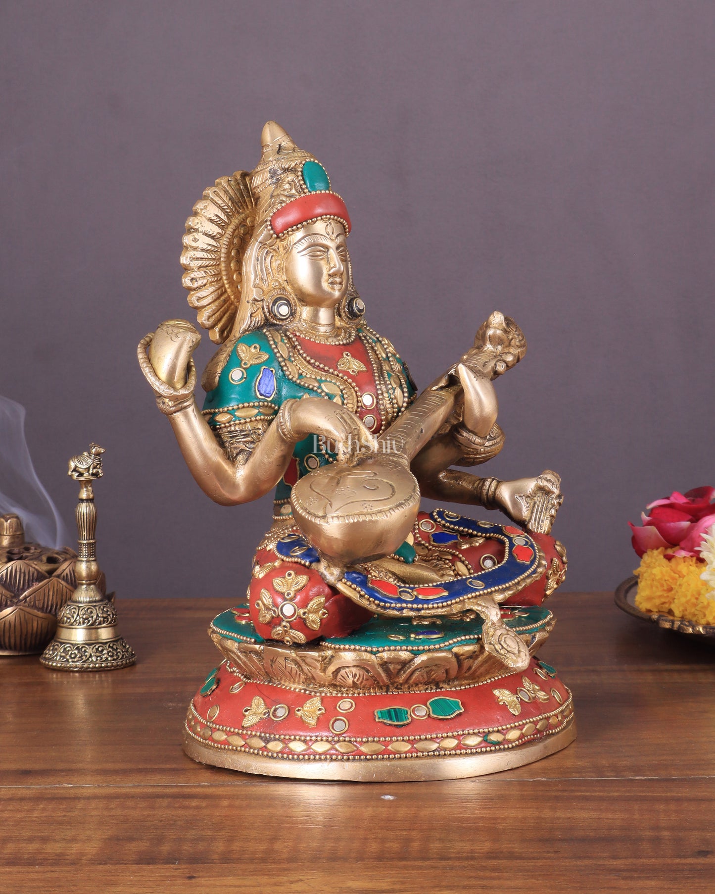 Brass Saraswati Statue With unique stonework 9"