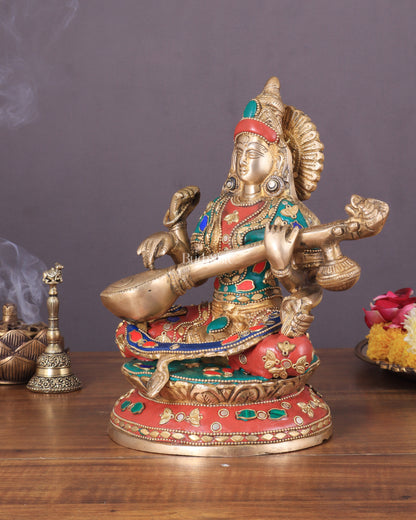 Brass Saraswati Statue With unique stonework 9"