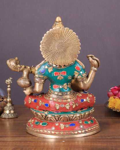 Brass Saraswati Statue With unique stonework 9"