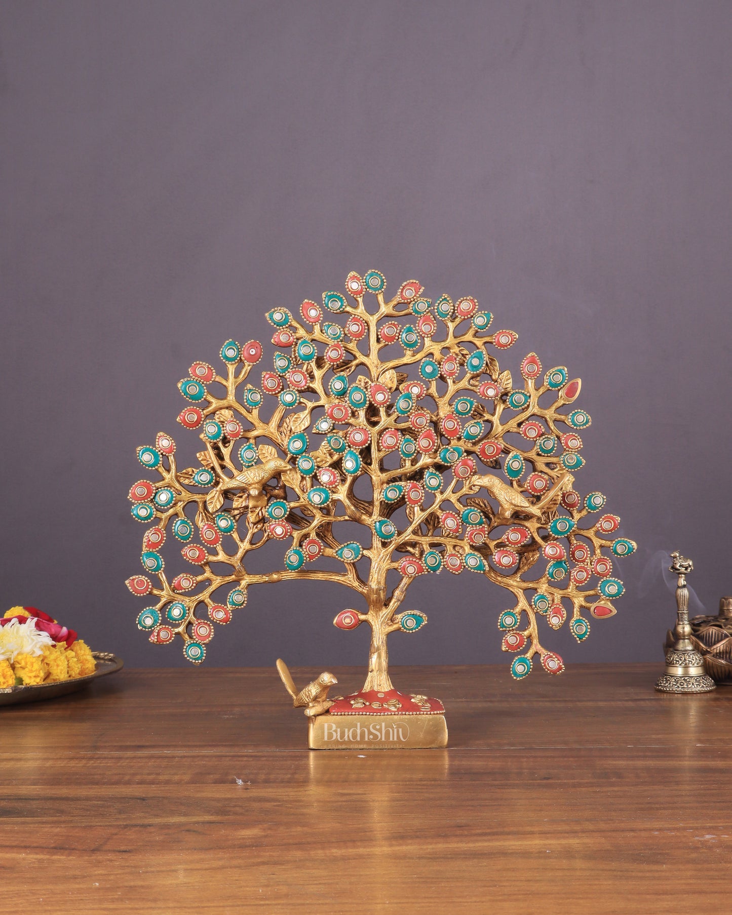 Brass Kalpavriksha tree for tables 11" stonework