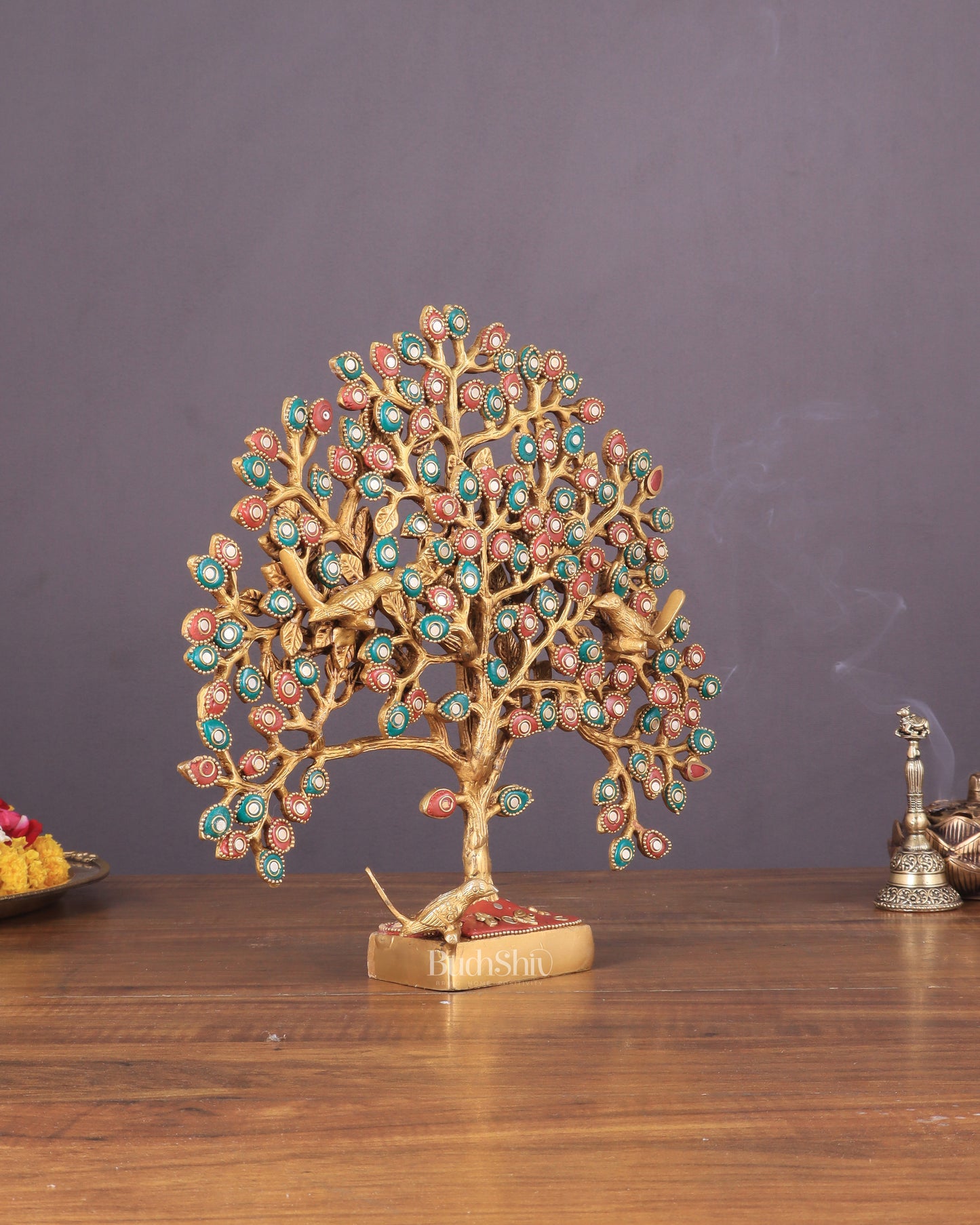 Brass Kalpavriksha tree for tables 11" stonework