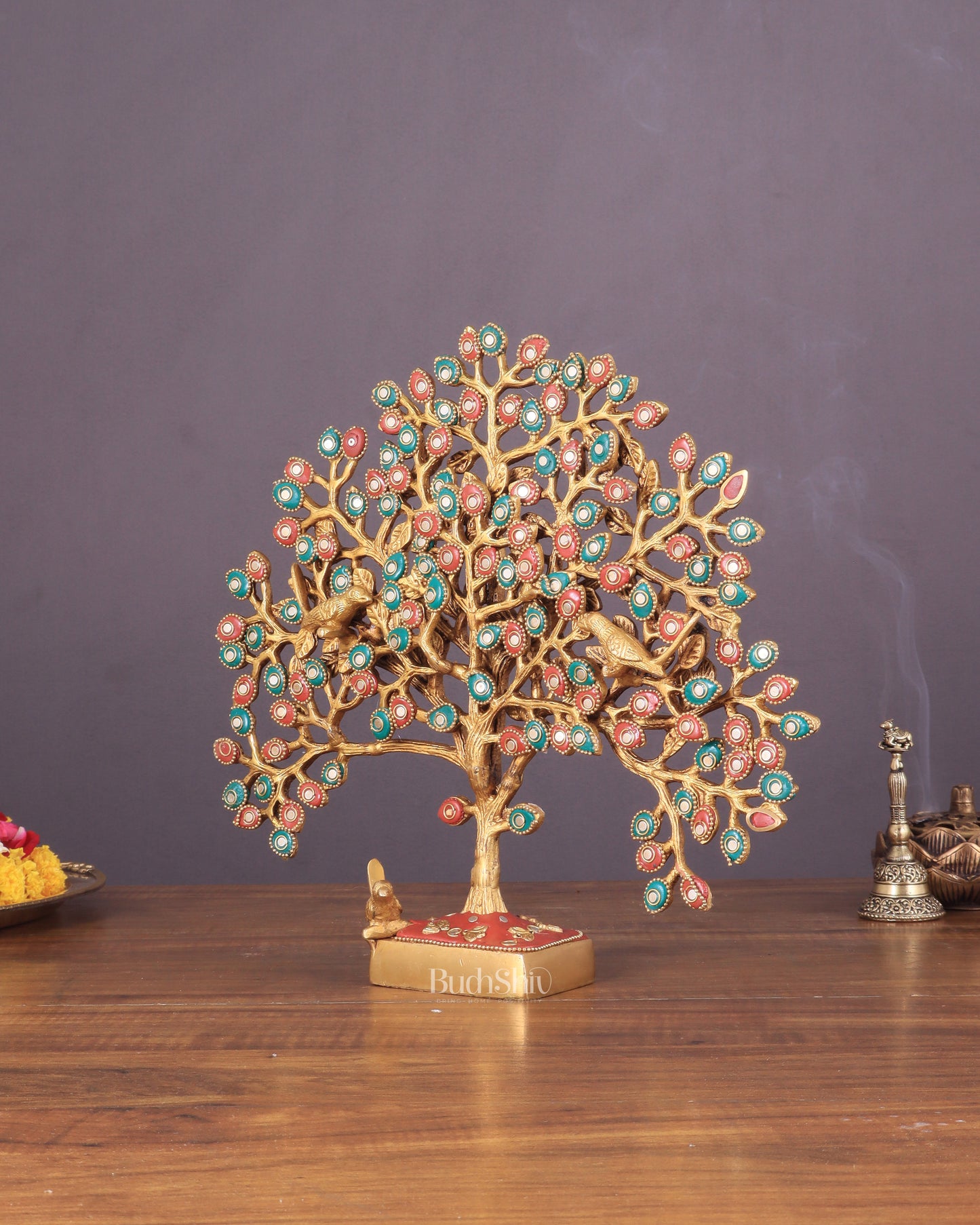 Brass Kalpavriksha tree for tables 11" stonework