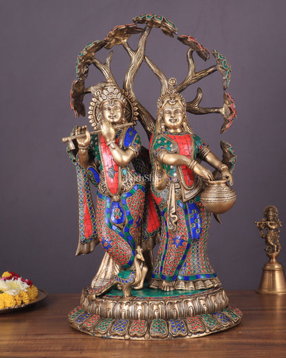 Radha Krishna Under Kadamba Tree | Superfine Brass Sculpture | 21 Inch Height with stonework