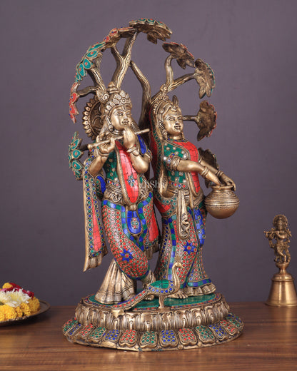 Radha Krishna Under Kadamba Tree | Superfine Brass Sculpture | 21 Inch Height with stonework