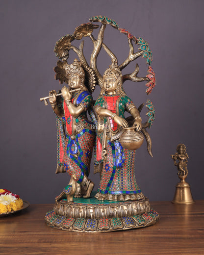 Radha Krishna Under Kadamba Tree | Superfine Brass Sculpture | 21 Inch Height with stonework