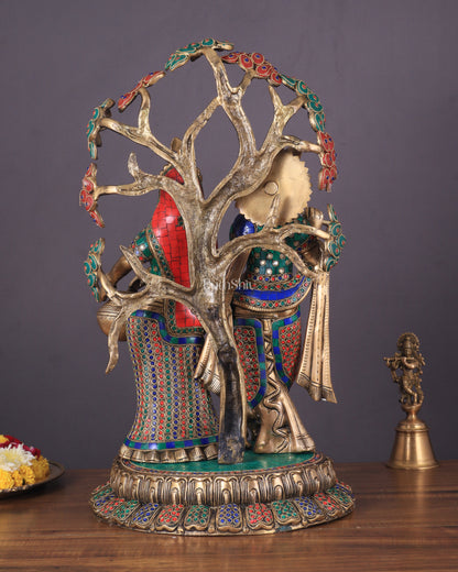 Radha Krishna Under Kadamba Tree | Superfine Brass Sculpture | 21 Inch Height with stonework