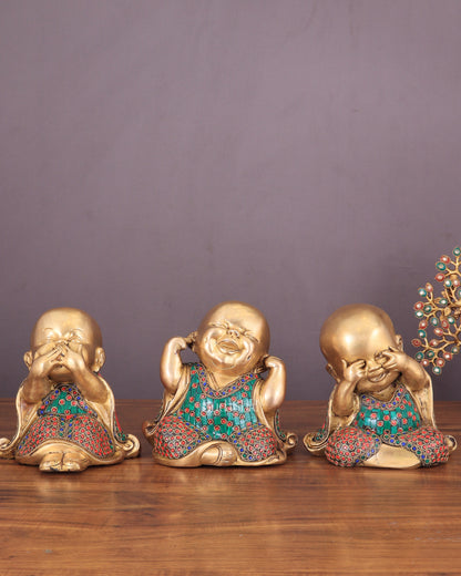 Pure Brass Large Happy Baby Monks Statues Set | 7.5-inch with stonework