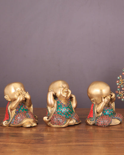 Pure Brass Large Happy Baby Monks Statues Set | 7.5-inch with stonework