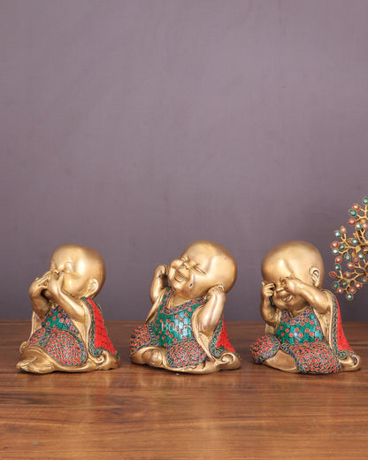 Pure Brass Large Happy Baby Monks Statues Set | 7.5-inch with stonework