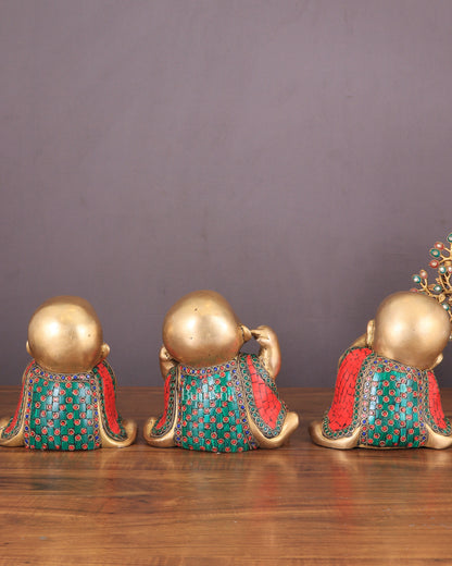 Pure Brass Large Happy Baby Monks Statues Set | 7.5-inch with stonework