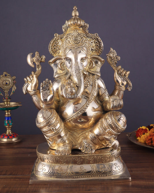 Brass Ganapati Idol Glossy – Handcrafted with Right-Side Trunk, 16" Height