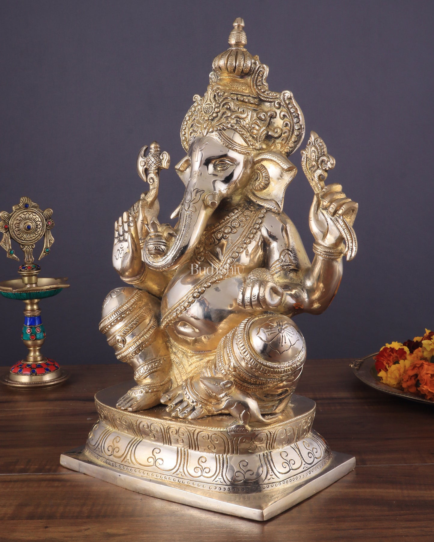 Brass Ganapati Idol Glossy – Handcrafted with Right-Side Trunk, 16" Height