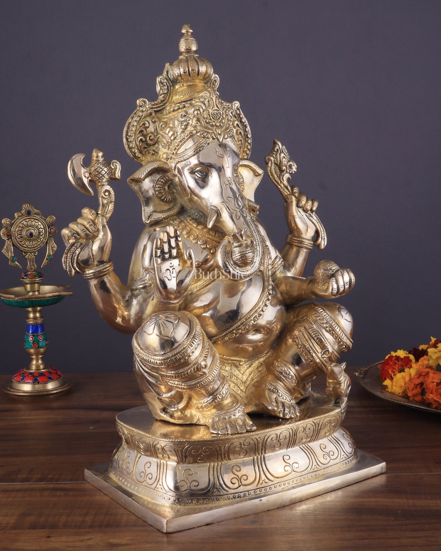 Brass Ganapati Idol Glossy – Handcrafted with Right-Side Trunk, 16" Height