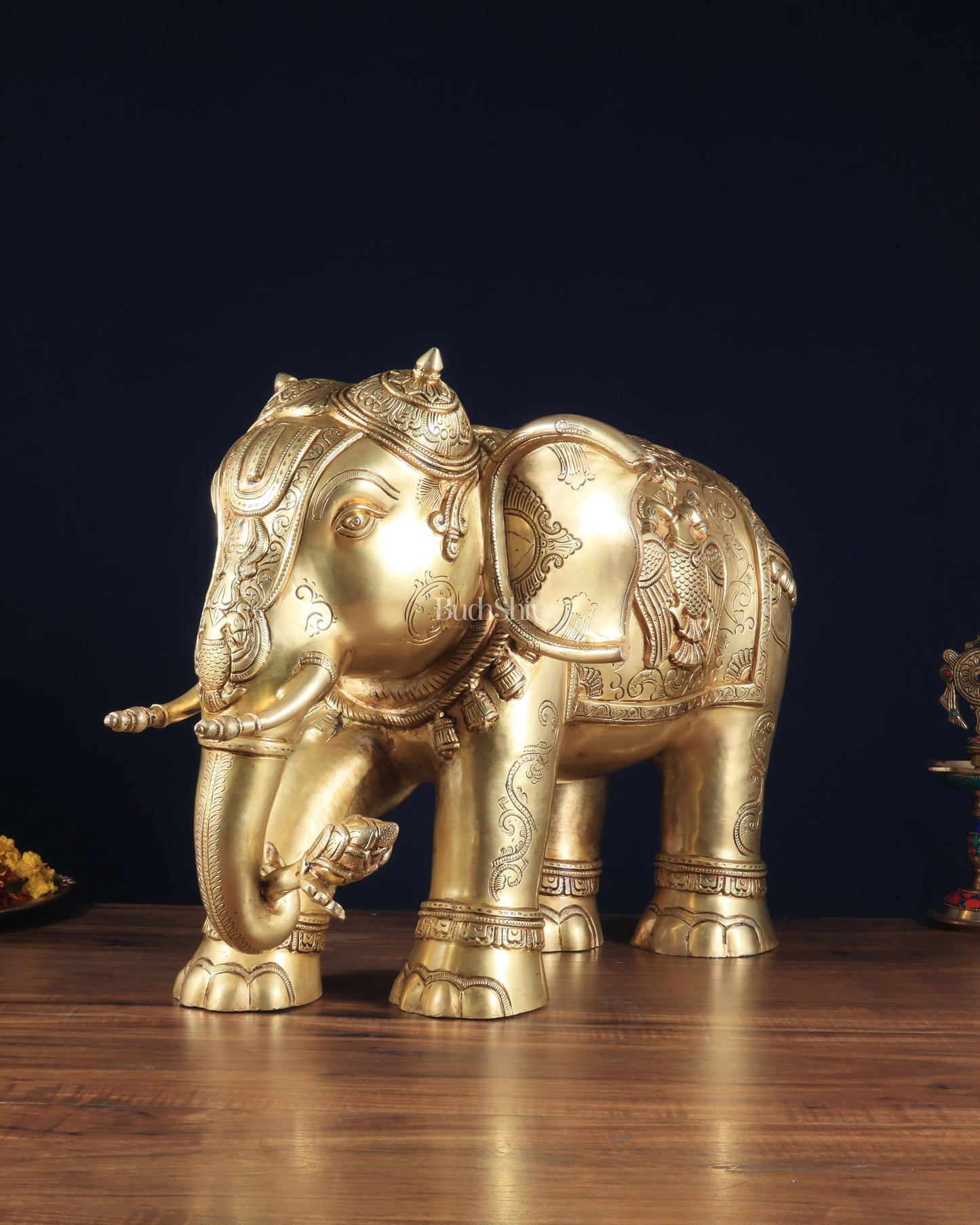 Pure Brass Large Elephant Statue with Enhanced Carvings 29"