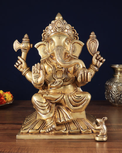 Pure Brass Lord Ganesha Unique Statue with Fine Carvings 11.5"