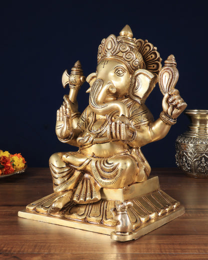 Pure Brass Lord Ganesha Unique Statue with Fine Carvings 11.5"