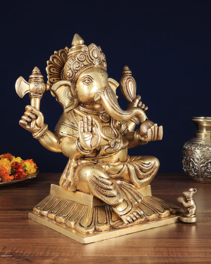 Pure Brass Lord Ganesha Unique Statue with Fine Carvings 11.5"