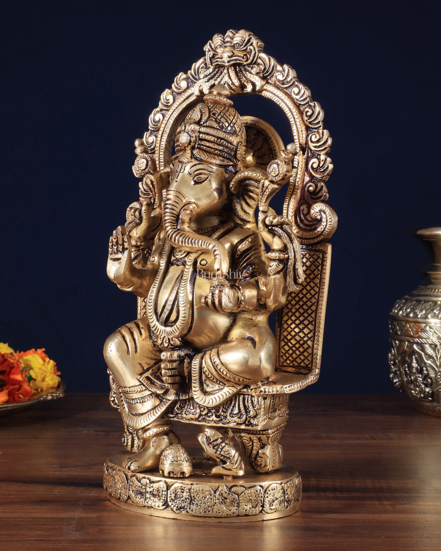 Pure Brass Lord Ganesha Seated on a Throne Statue 10"