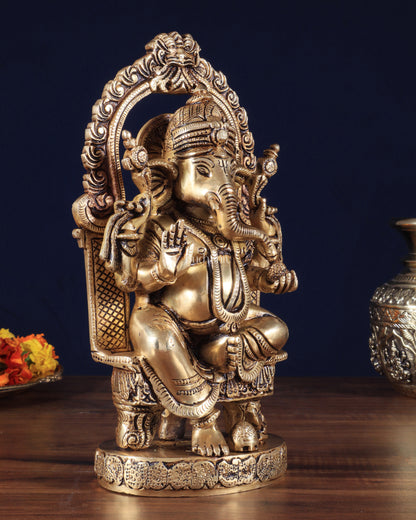 Pure Brass Lord Ganesha Seated on a Throne Statue 10"