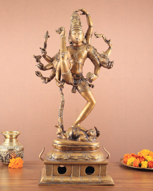 Urdhava Tandava Antique 26-Inch Brass Tripurantaka Lord Shiva Statue butter gold finish