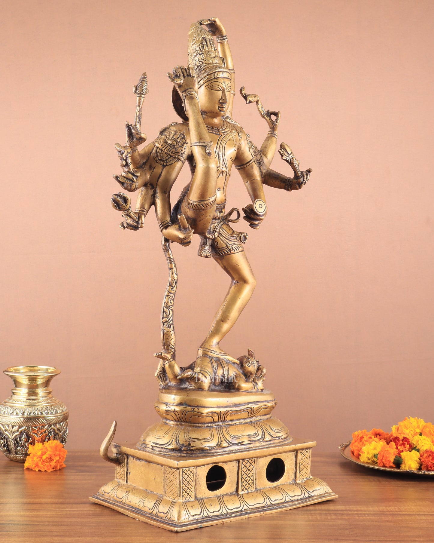 Urdhava Tandava Antique 26-Inch Brass Tripurantaka Lord Shiva Statue butter gold finish