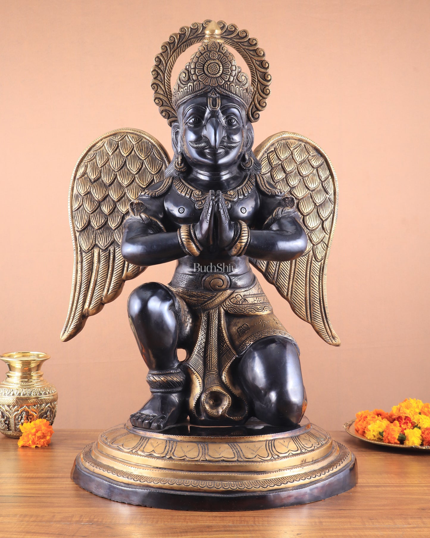 Grand Pure Brass Garuda Sculpture with Heat-Treated Vintage Black and Gold Finish - 28"