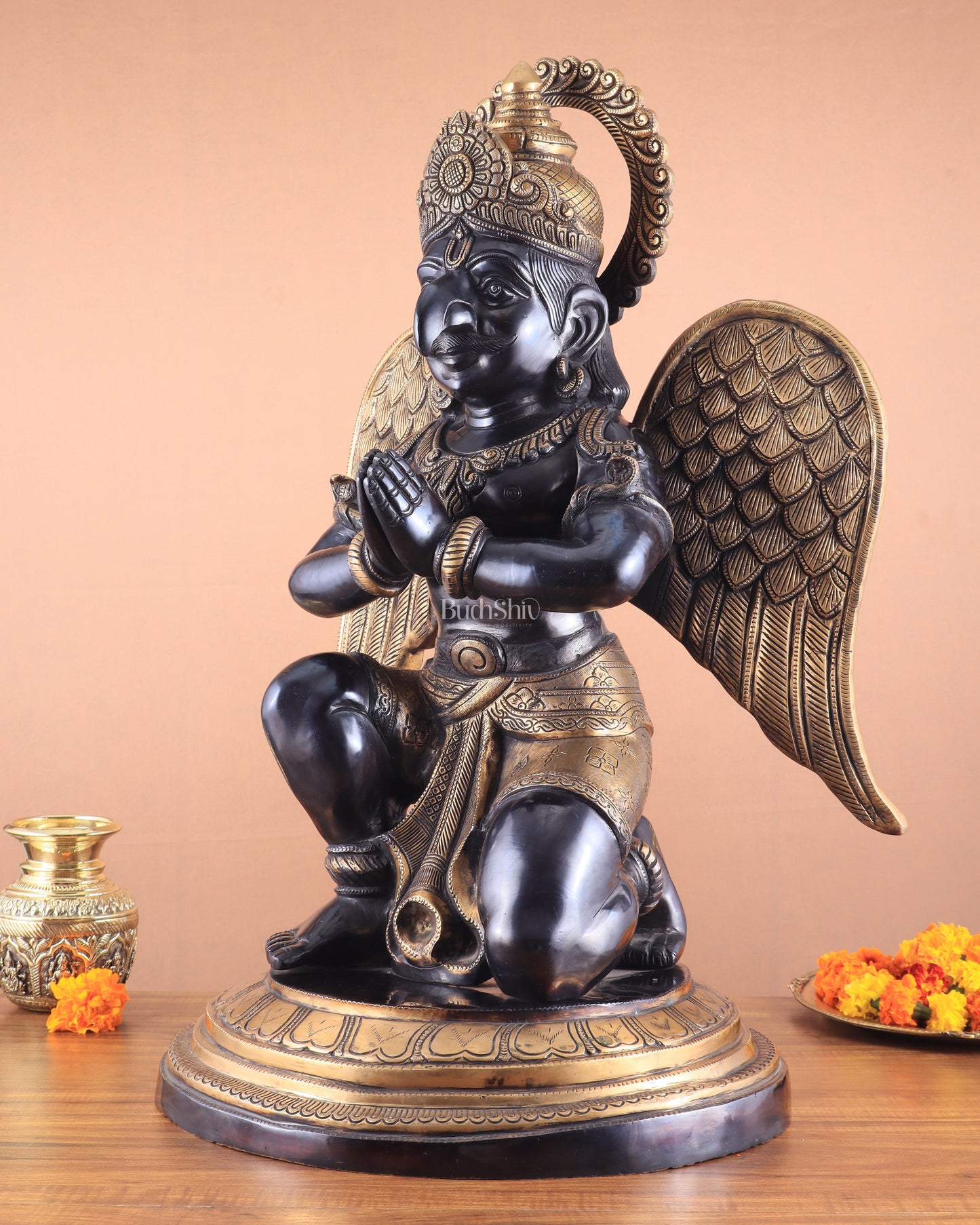 Grand Pure Brass Garuda Sculpture with Heat-Treated Vintage Black and Gold Finish - 28"