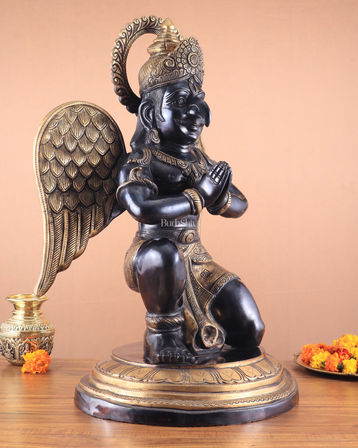 Grand Pure Brass Garuda Sculpture with Heat-Treated Vintage Black and Gold Finish - 28"