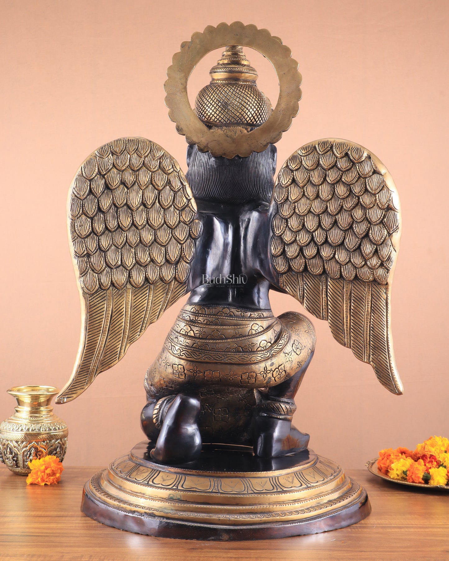 Grand Pure Brass Garuda Sculpture with Heat-Treated Vintage Black and Gold Finish - 28"