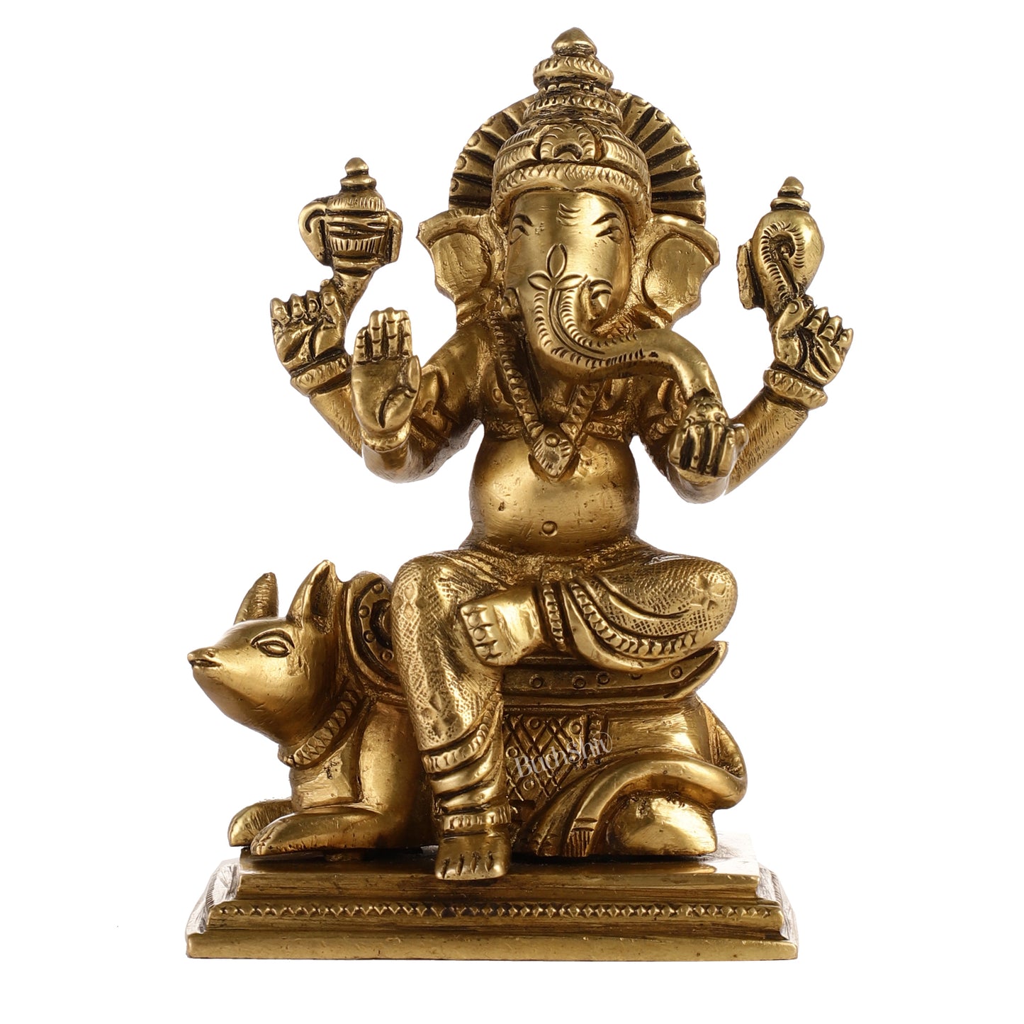 Brass Ganesha sitting on mouse idol 5"