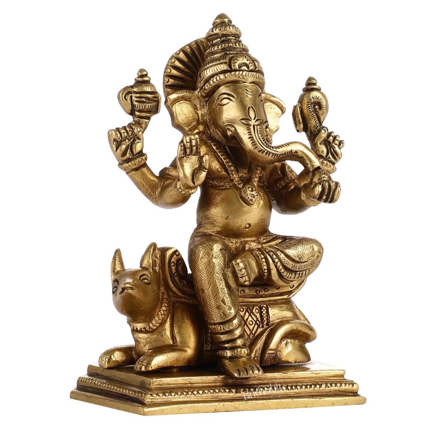 Brass Ganesha sitting on mouse idol 5"