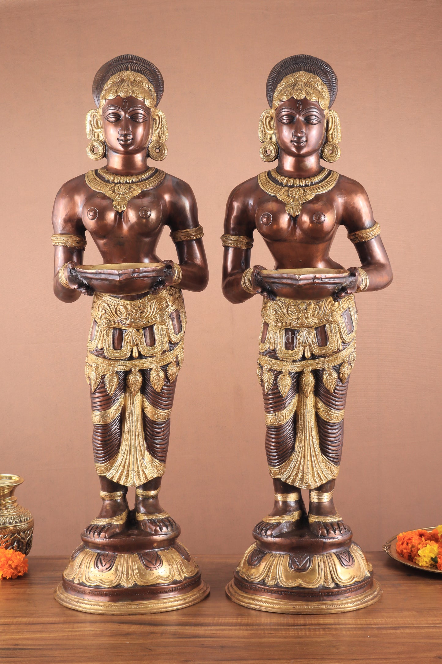 Pure Brass Deep Lady Pavaai Vilakku in a dual-tone South Copper and Golden finish 32"