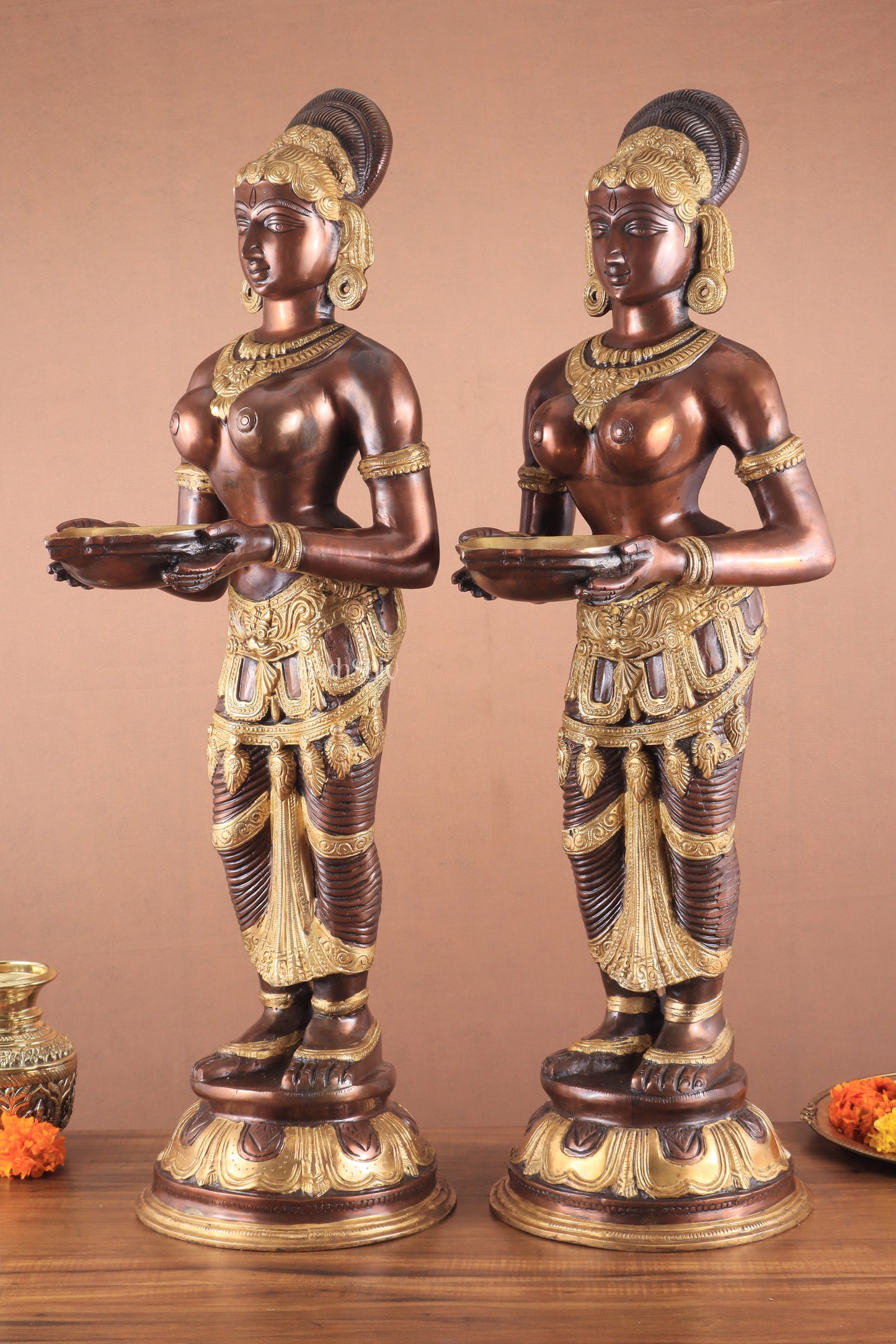 Pure Brass Deep Lady Pavaai Vilakku in a dual-tone South Copper and Golden finish 32"