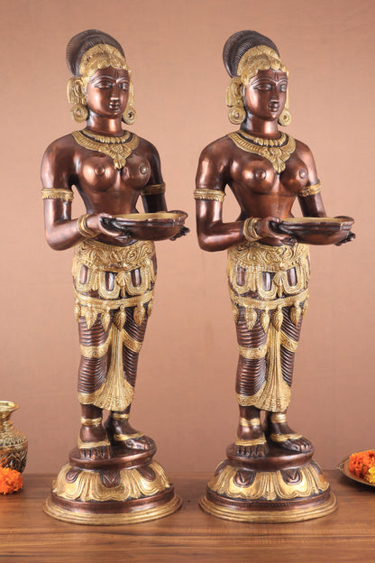 Pure Brass Deep Lady Pavaai Vilakku in a dual-tone South Copper and Golden finish 32"