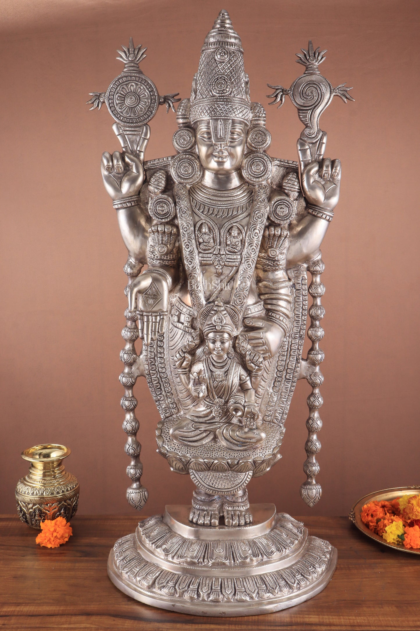 Pure Brass Lord Tirupati Balaji silver plated Statue with Goddess Padmavathi Engraved - 34.5 Inch