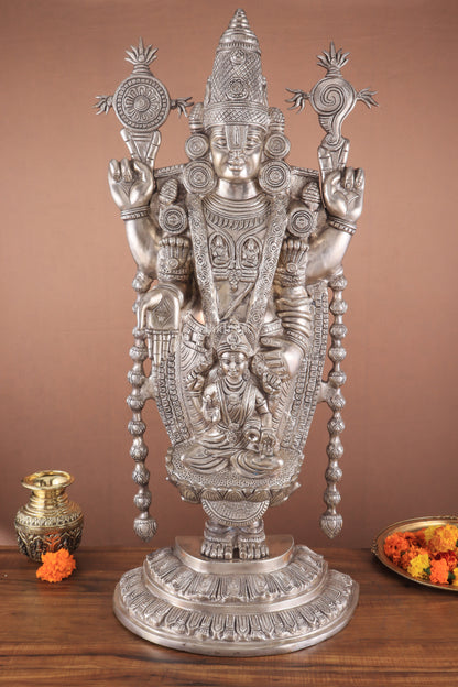 Pure Brass Lord Tirupati Balaji silver plated Statue with Goddess Padmavathi Engraved - 34.5 Inch