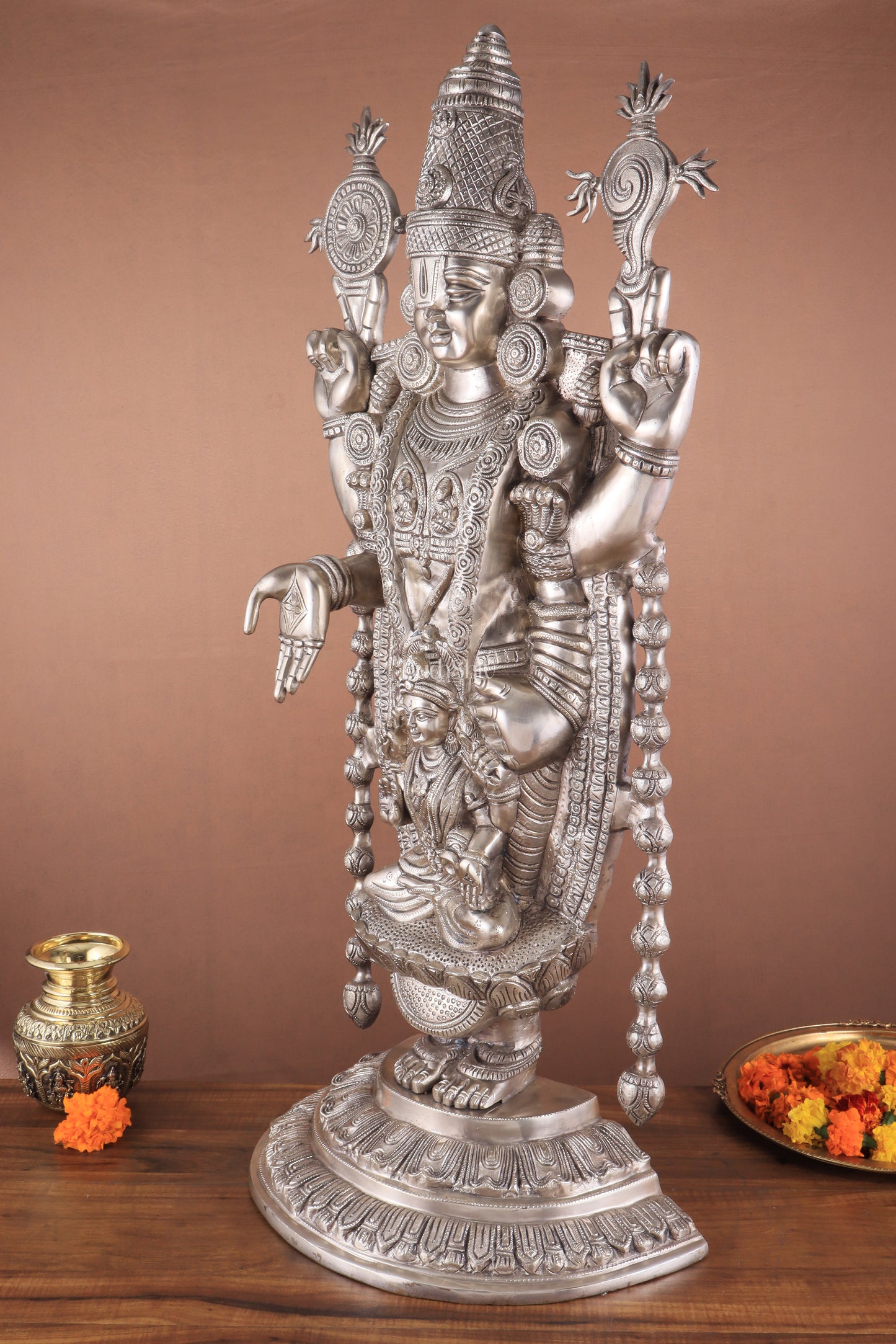 Pure Brass Lord Tirupati Balaji silver plated Statue with Goddess Padmavathi Engraved - 34.5 Inch