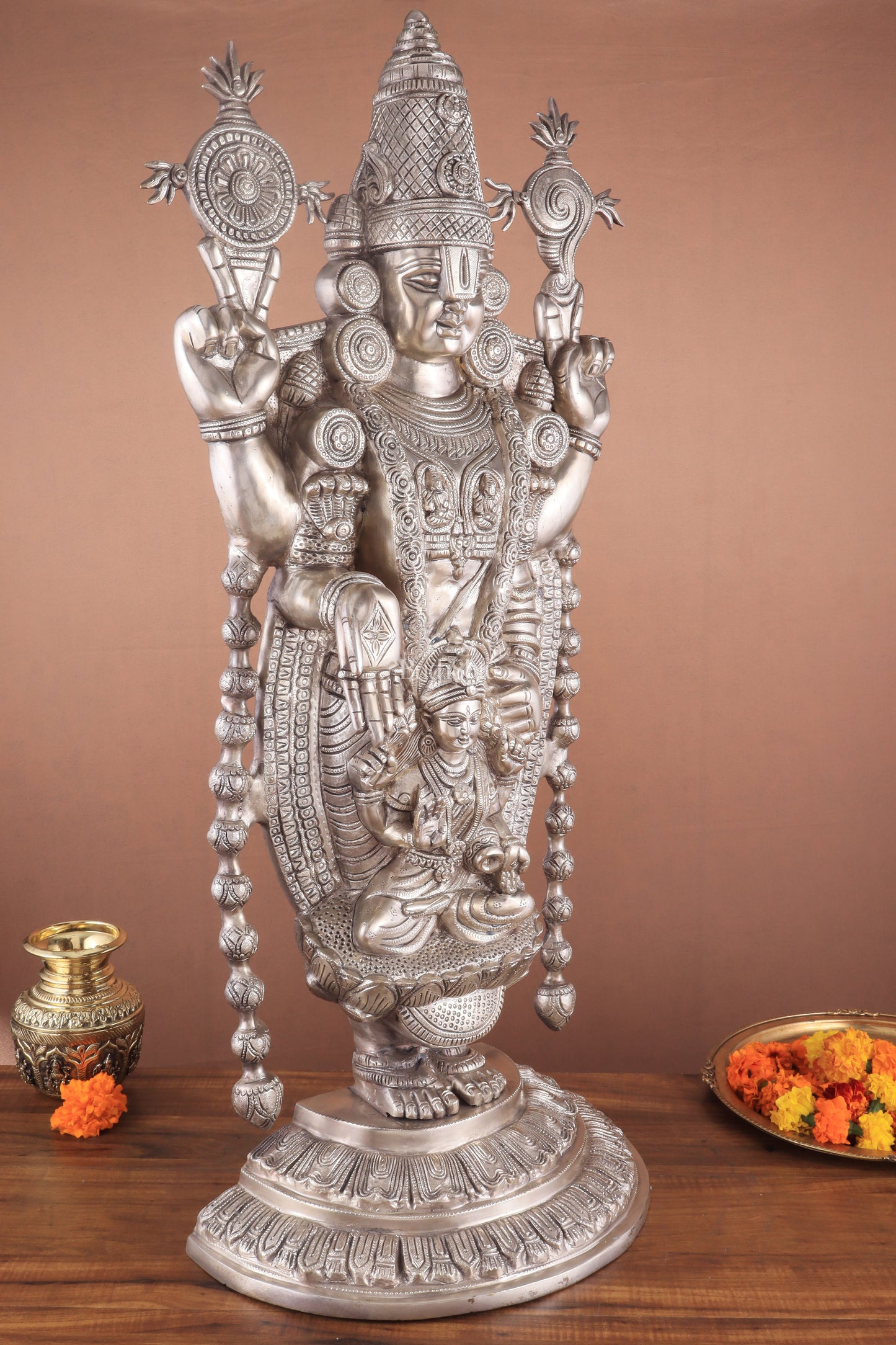 Pure Brass Lord Tirupati Balaji silver plated Statue with Goddess Padmavathi Engraved - 34.5 Inch