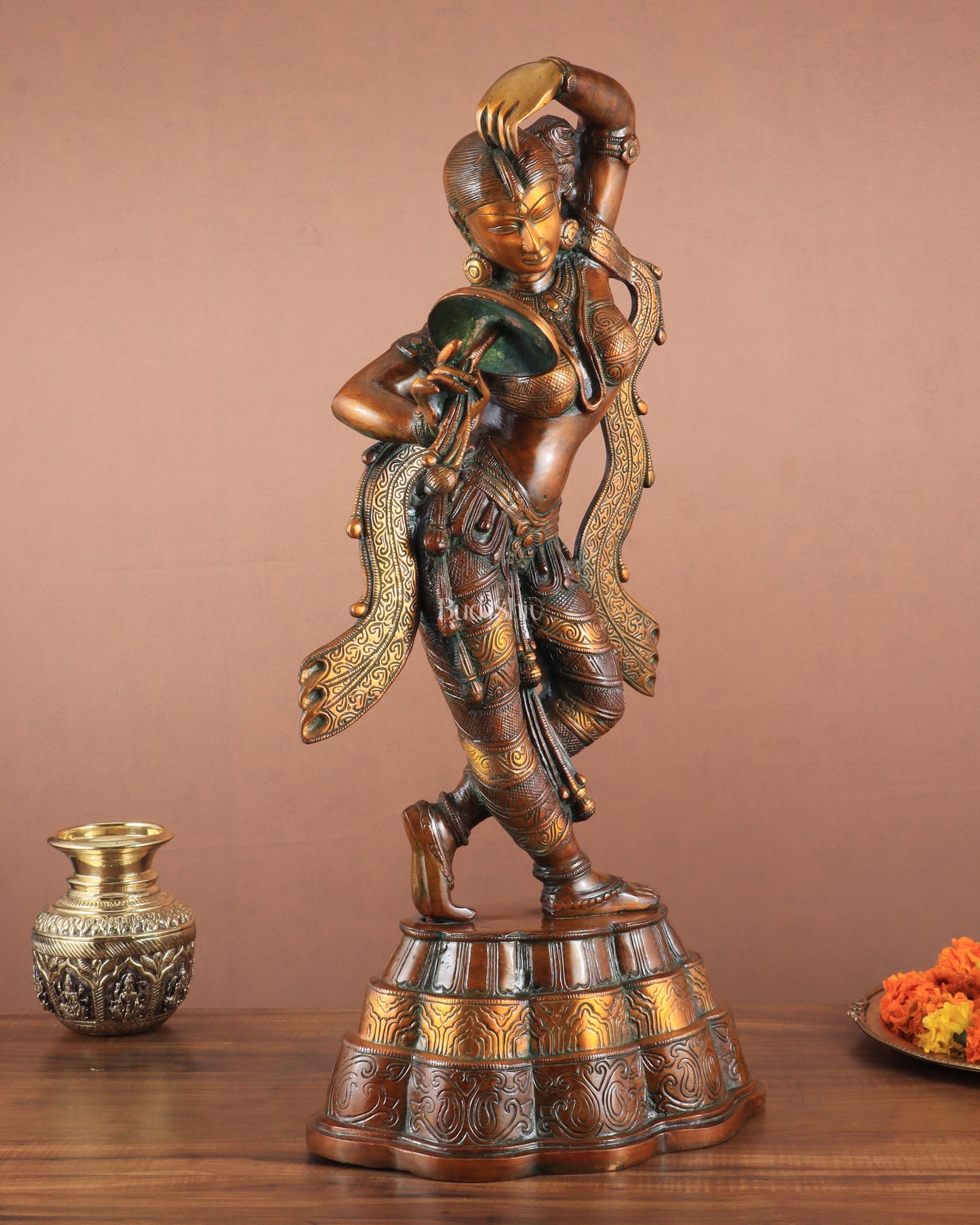 23" Apsara Statue Applying Vermillion (Sindoor) | Handmade Brass Murti