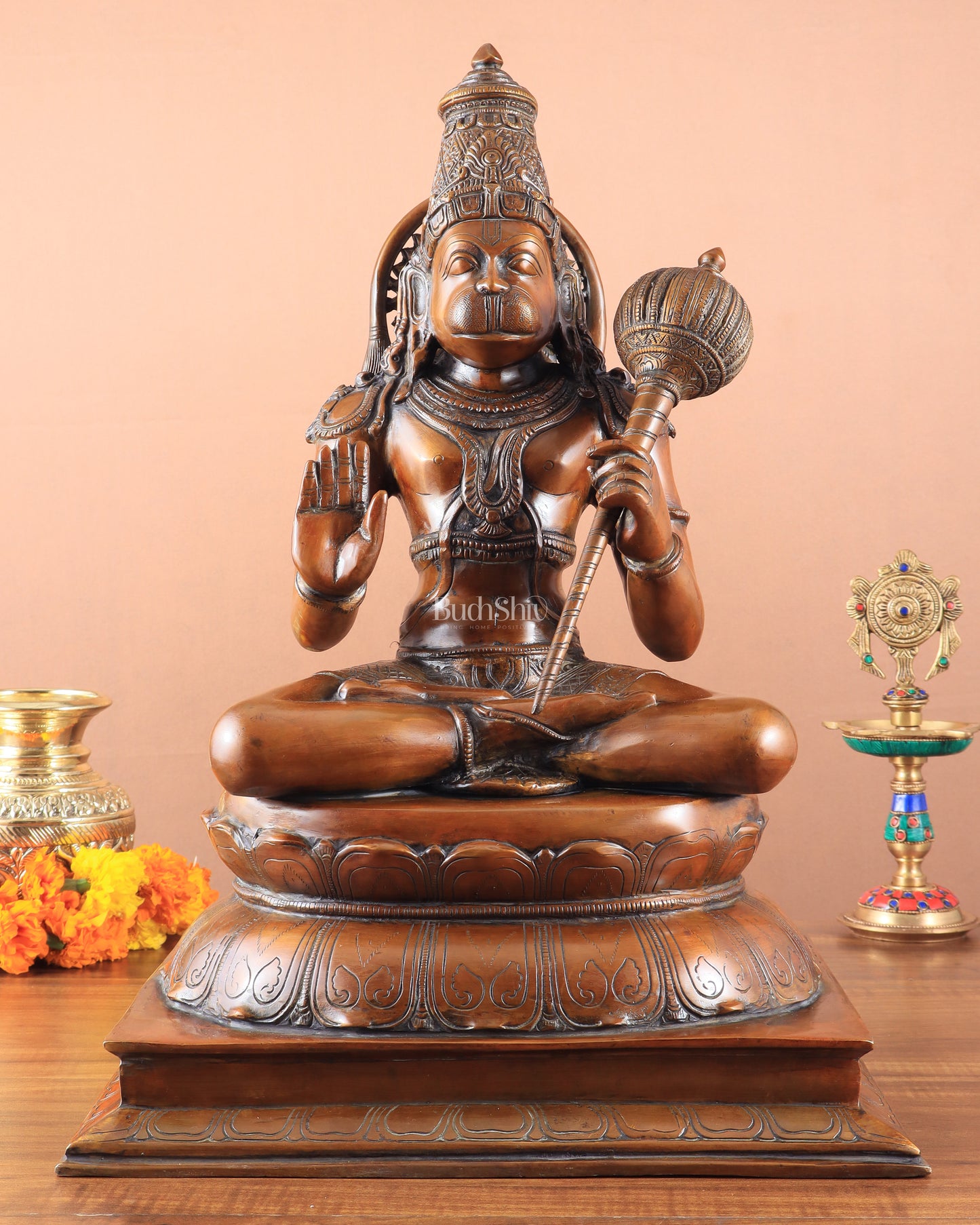 Handcrafted Brass Blessing Hanuman Sculpture - 18" Height, Antique Copper tone