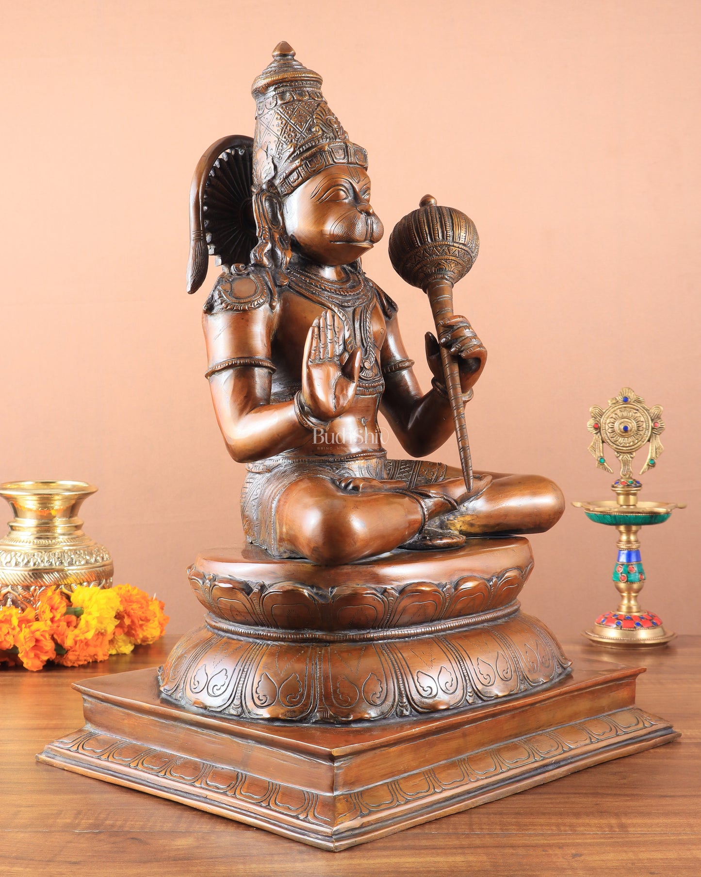 Handcrafted Brass Blessing Hanuman Sculpture - 18" Height, Antique Copper tone