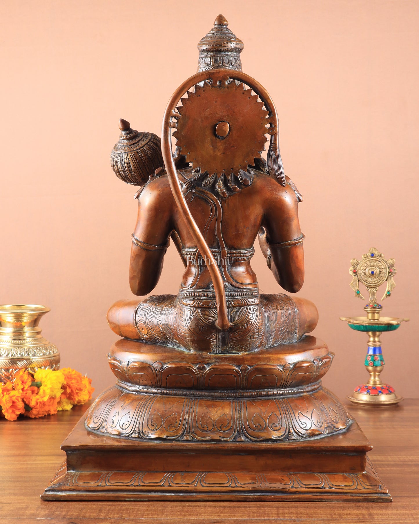 Handcrafted Brass Blessing Hanuman Sculpture - 18" Height, Antique Copper tone