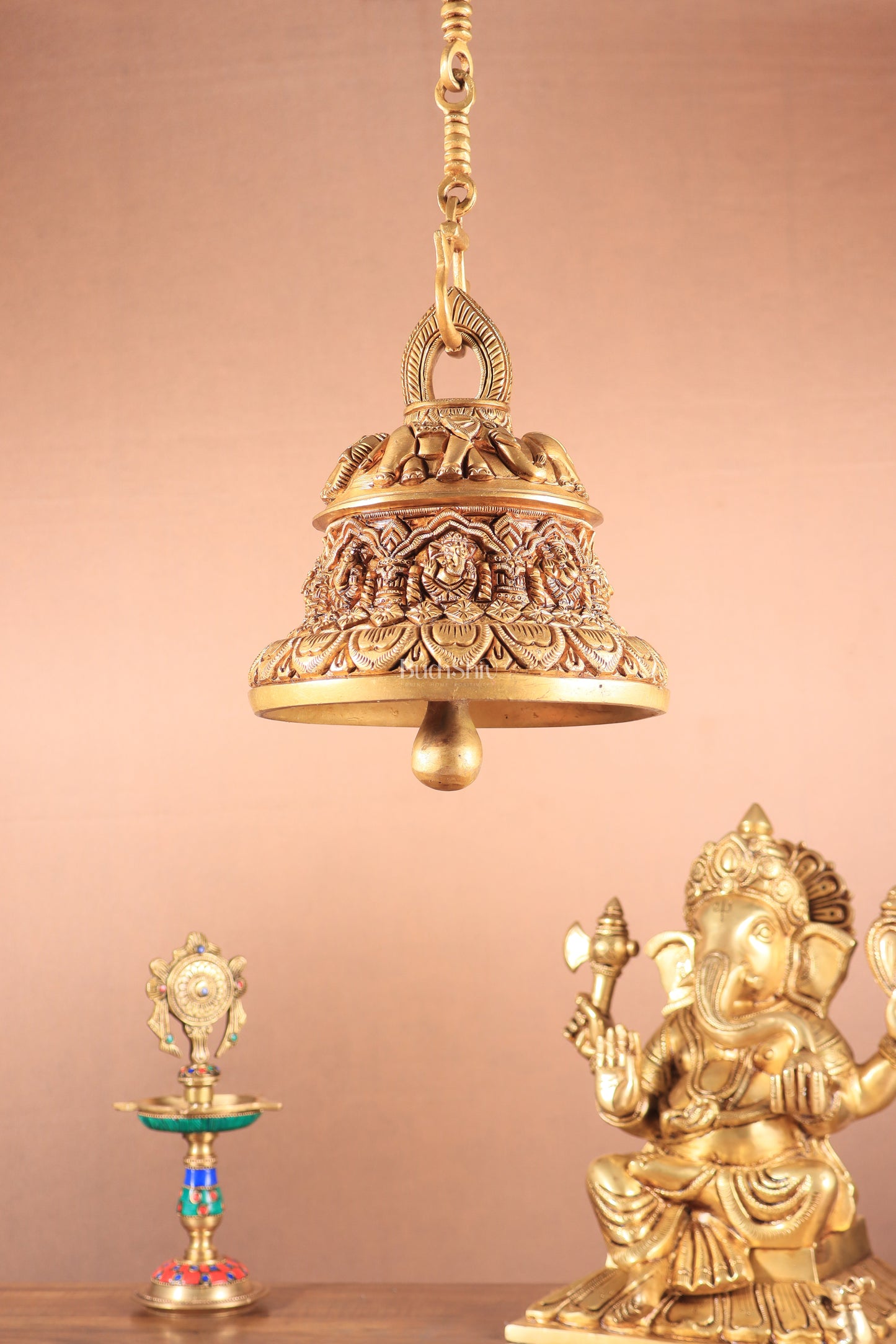 Brass Superfine Ashta Vinayaka Ganesha Hanging Temple Bell with Elephant Carvings